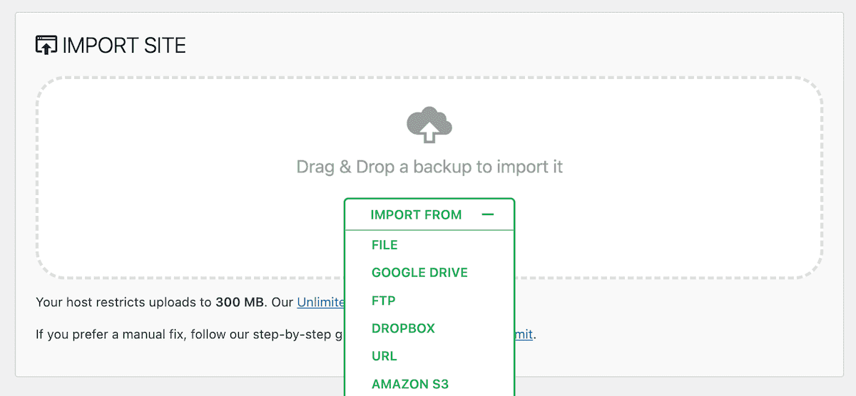 All-in-One WP Migration import screen