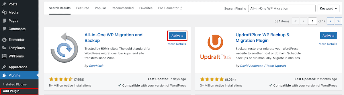 Installing the All-in-One WP Migration plugin in WordPress