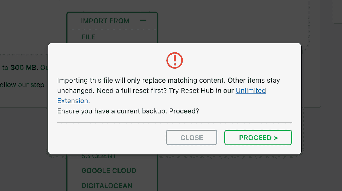 All-in-One WP Migration warning to proceed with import